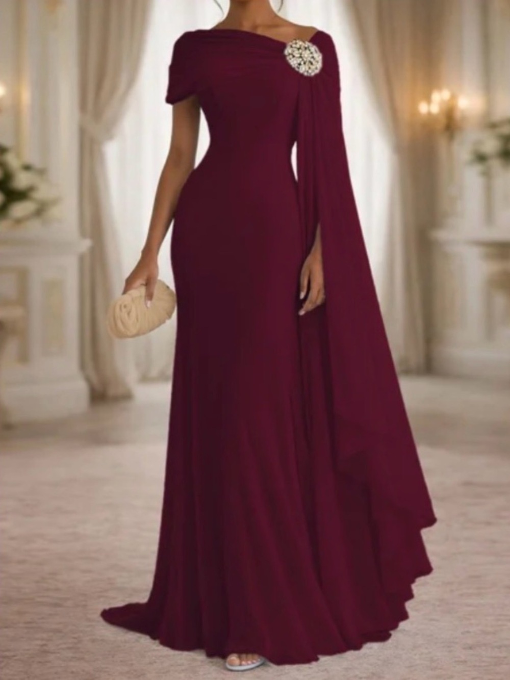 Elegant Wine-Red One-Shoulder Evening Gown with Draped Cape